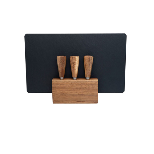 4pc Euroline Slate Wood 30cm Cheese Board w/ Plane Knife/Fork - Brown