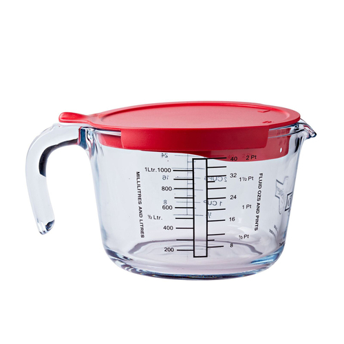 Cuisine Glass 1L Measuring Jug Cup w/ Red Lid/Handle - Clear