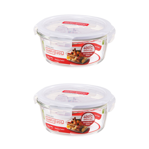 2PK Lock & Lock 650ml Euro Round Borosilicate Glass Food Container - Clear