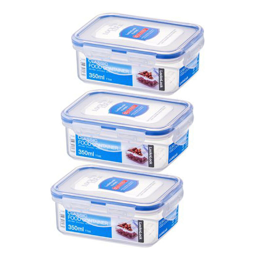 3PK Lock & Lock 350ml Airtight Classic Rectangle Food Container Short - Clear