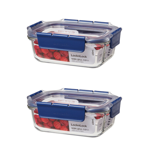 2PK Lock & Lock Top Class 630ml/18cm Glass Container w/ Tritan Lid Rect - Blue