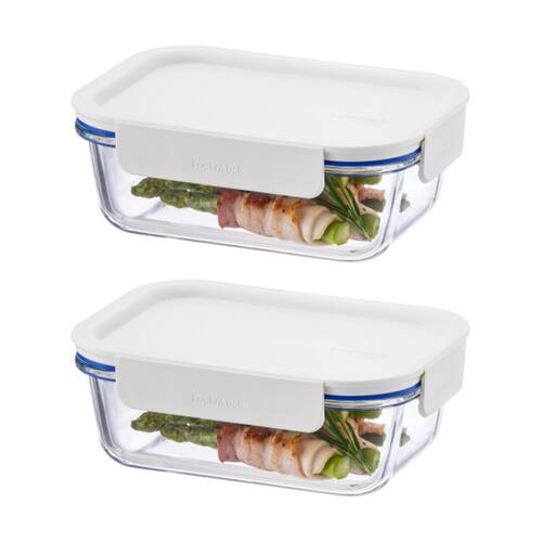 2PK LocknLock Clear Glass Food Storage Container Microwave Safe 630ml White Lid