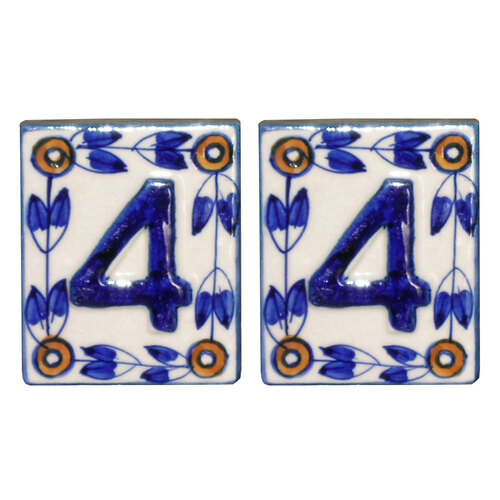 2x DWBH #4 Ceramic House Number Tile 7x6cm Sign Plaque - Blue