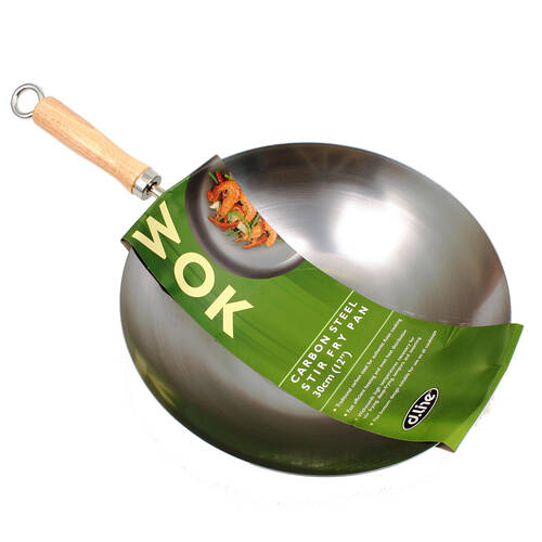 D.Line Carbon Steel Stir Fry Wok Pan 30cm w/ Wood Handle - Silver