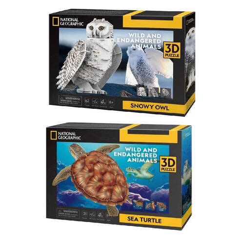2pc National Geographic Snowy Owl and Sea Turtle 3D Puzzles Game Set 8y+