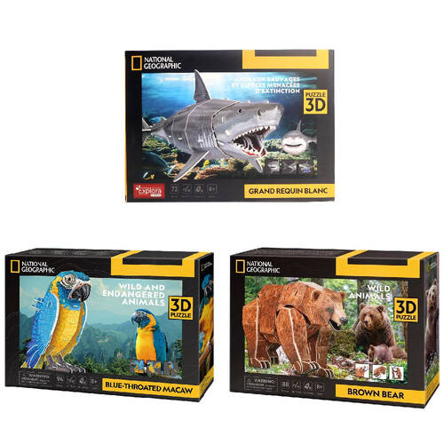 3pc National Geographic Blue Macaws/Great White Shark/Brown Bear 3D Puzzles 8y+