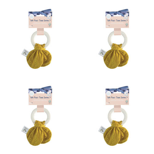 4PK Tikiri Natural Rubber Teether w/ a Mustard Muslin Tie 97010 Baby 0m+