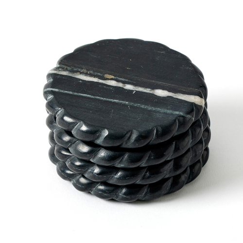 4pc Pilbeam Living Tresser Round Marble Coaster Set Black 10cm