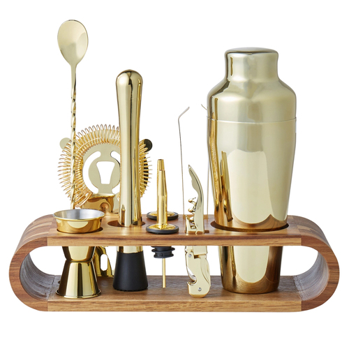 10pc Davis & Waddell Fine Foods Bar/Cocktail Drink Set w/ Acacia Stand