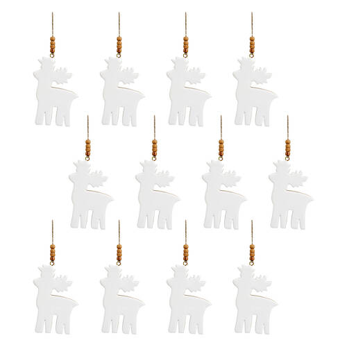 12PK LVD Hanging Reindeer Wooden Ornament Decor 13cm White