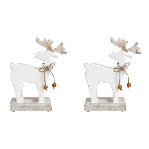 2PK LVD Standing Reindeer Wood Decor Medium 13x17cm - White