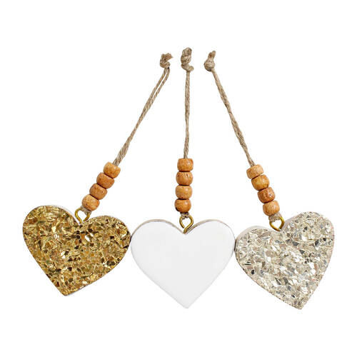 3PK LVD Heart Xmas Glitter Wooden Hanging Ornament Decor Medium Assorted