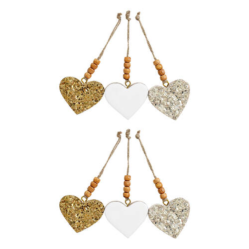 6PK LVD Heart Xmas Glitter Wooden Hanging Ornament Decor Medium Assorted