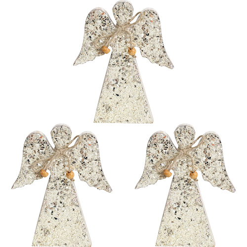 3PK LVD Wooden Ornament Medium Angel Seasonal Decorative Home Decor Champagne
