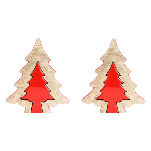 2PK LVD 20x23cm Mango Wood Dual Tree Home Decor Large - Red