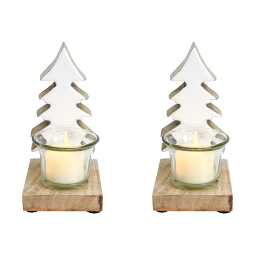 2PK LVD Wood/Glass 15cm Tealight Holder Home Decor - White