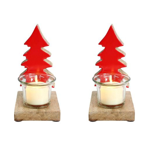 2PK LVD Wood/Glass 15cm Tealight Candle Holder Home Decor - Red