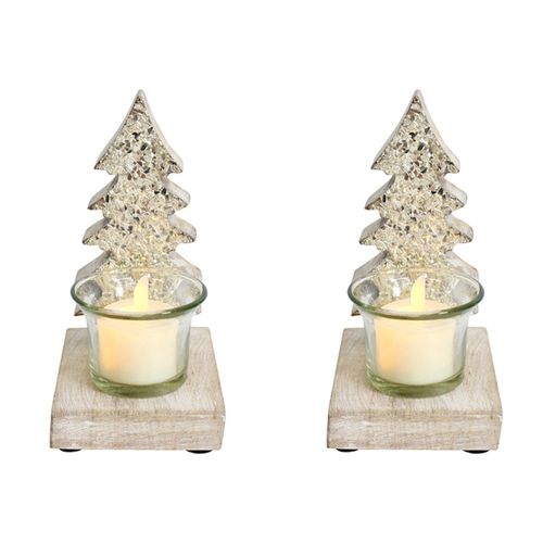2PK LVD Wood/Glass 15cm Tealight Candle Holder Home Decor - Champagne