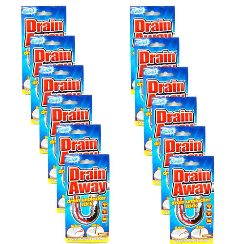 12PK Duzzit Drain Away Drain Unblocker Stick Reusable - Red