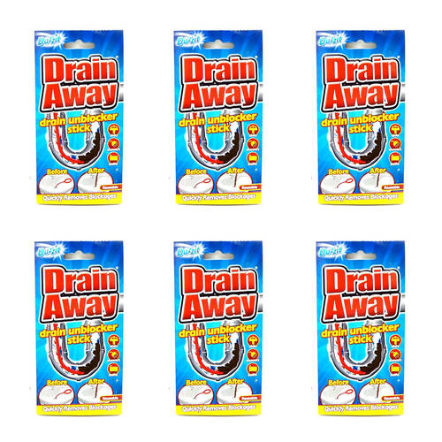 6PK Duzzit Drain Away Drain Unblocker Stick Reusable - Red