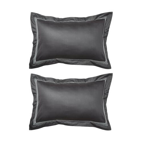 2PK Grosvenor House 500TC Hotel Embroidered Tailor Pillowcase Charcoal W/ White