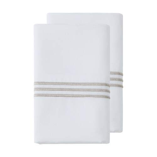 2pc Grosvenor House 500TC Hotel Embroidered Standard Pillowcases White W/ Taupe