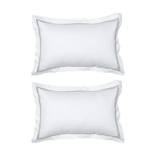 2PK Grosvenor House 500TC Hotel Embroidered Tailored Pillowcase White With Taupe