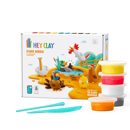 Hey Clay Farm Birds 15 Cans & 2 Tools Kids/Childrens Creative Clay Play Set 6-36m