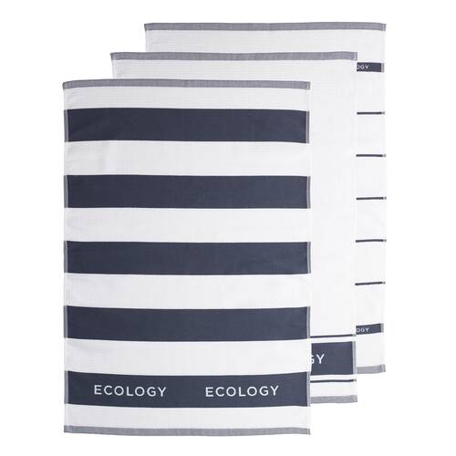 3pc Ecology Fold Striped Kitchen Tea Towels 100% Cotton 50 x 75cm Slate