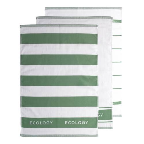 3pc Ecology Fold Striped Kitchen Tea Towels 100% Cotton 50 x 75cm Sage