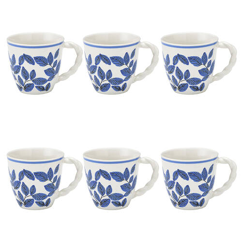 6PK Ecology Joie Gloss Glazed Stoneware Drinking Cup Mug 300ml Blue Leaf