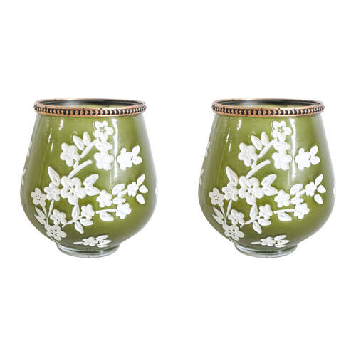 2PK LVD Glass Votive Candle Holder Home Decor 14cm Vine Medium Olive