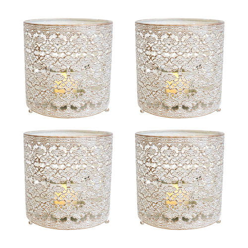 4PK LVD Metal/Glass Votive Moroc 13cm Medium-1 Pillar Candle Holder - Beige