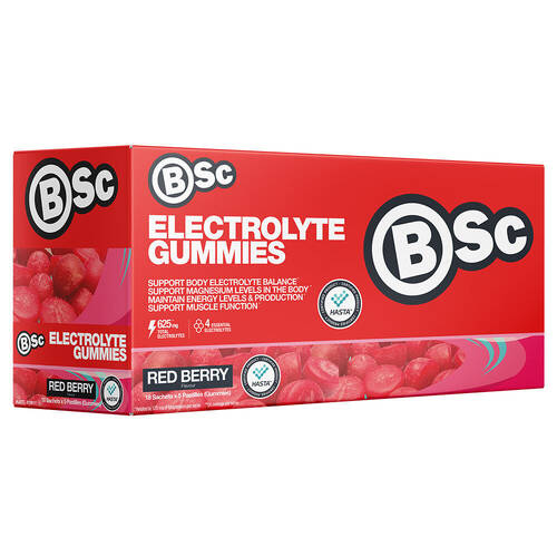 18PK BSc Electrolyte Gummies 6pc Sachet Supports Muscle Function Red Berry