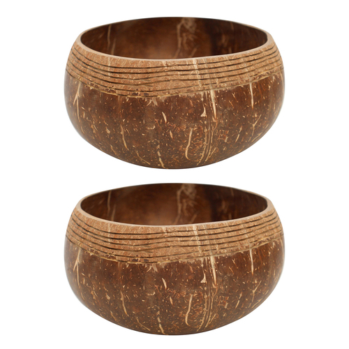 2PK LVD Coconut 13cm Bowl Border Carved Round Home Decor - Brown