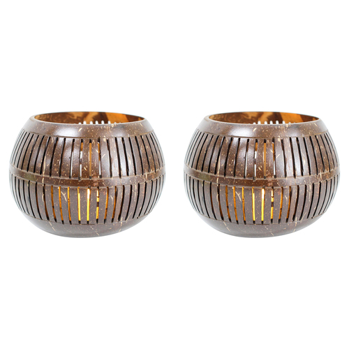 2PK LVD Coconut 13cm Lantern Slat Tealight/Fairy Light Candle Holder - Brown