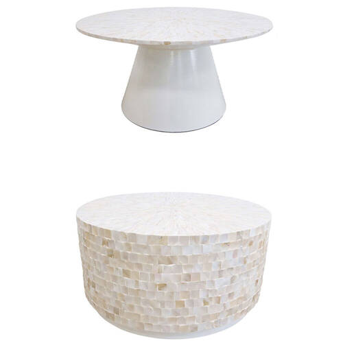 2pc LVD Mother of Pearl Wooden Coffee Table Set 80x80x40cm Natural Bone