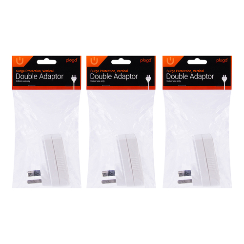 3PK Plugd Vertical 240v 10amp 2400w Max Double Adapter - White