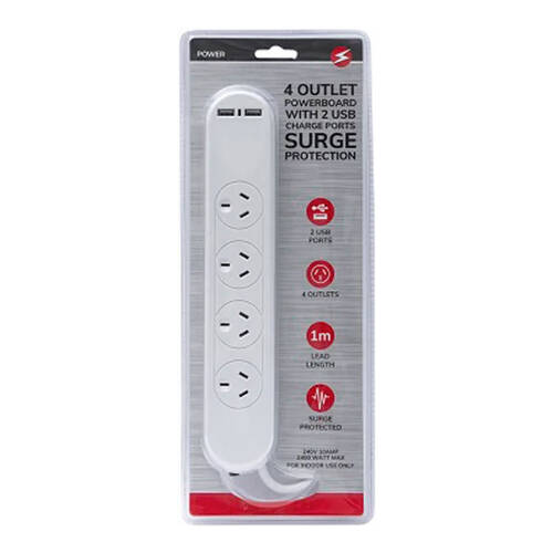 4 Outlet Power Board w/2 USB Charge Ports & Surge Protection