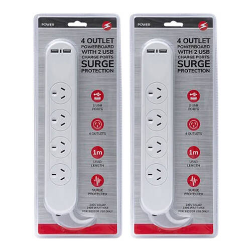 2PK 4 Outlet Power Board w/2 USB Charge Ports & Surge Protection