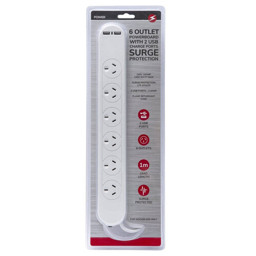 Power 6 Outlet & 2USB Powerboard with Surge protection