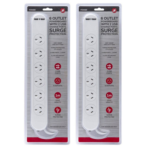 2PK Power 6 Outlet & 2USB Powerboard with Surge protection