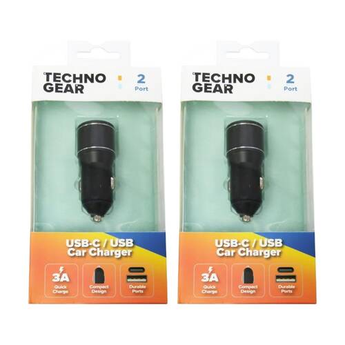 2PK TGear 2 Port Compact USB-A/USB-C Car Charger 3A Quick Charge 12V Socket