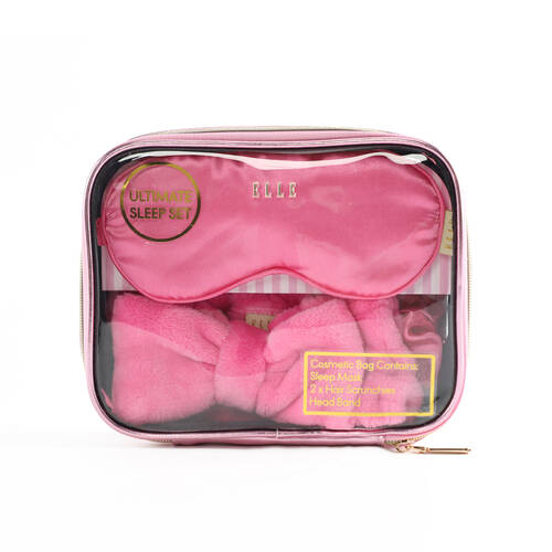 4pc Elle Sleep Essentials Kit w/ Clear Cosmetic Case 17x22cm Hot Pink