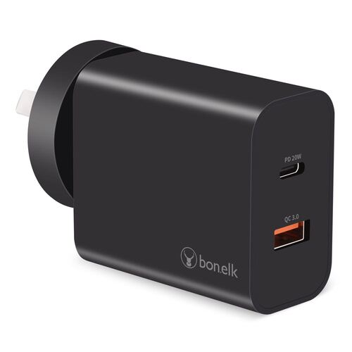 Bonelk AC Wall Charger 20W PD USB-C 18W QC USB-A 38W Black