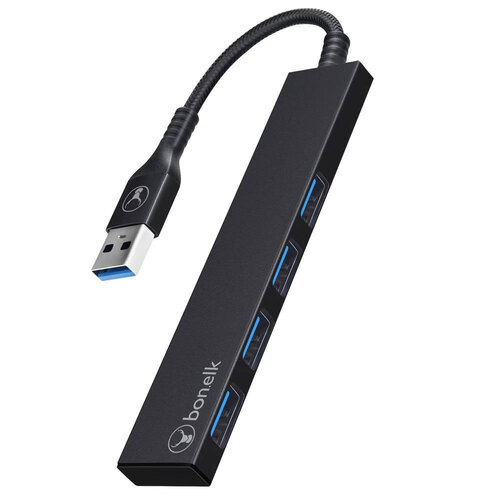 Bonelk Long-Life USB-A to 4 Port USB 3.0 Slim Hub - Black