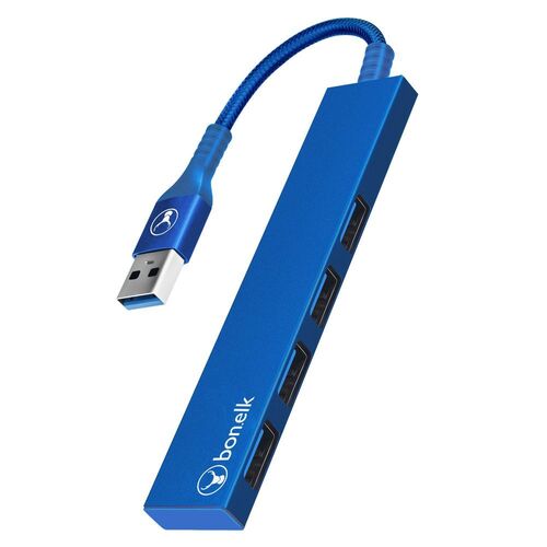Bonelk Long-Life Male USB-A to 4-Port Female USB 3.0 Slim Hub - Blue