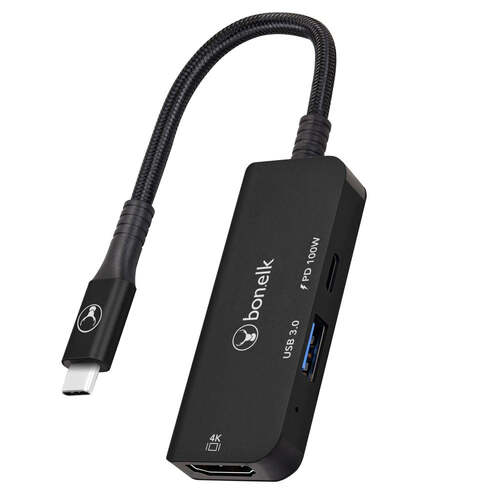 Bonelk Long-Life 3in1 USB-C M to F HDMI/USB MultiPort Hub For PC - Black