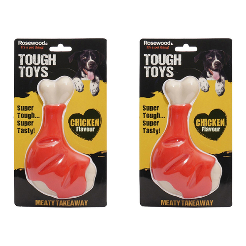 2PK Rosewood Tough Toys Meaty Chicken Takeaway Leg Pet Dog Chew Fun Toy Small Red