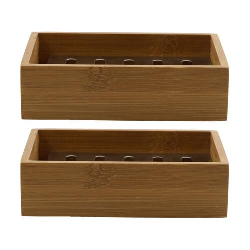2PK NF Living Rectangle Soap Dish13x10cm Bamboo & Metal For Bathrooms - Natural